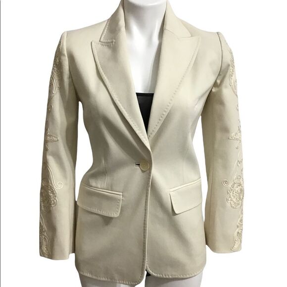 Bloomingdale’s Cream Ecru Single Button Embroidered Sleeves Blazer Size 2 Petite - Picture 1 of 13